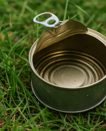 Empty tuna can resting on the lawn, ready to collect water from the sprinkler system