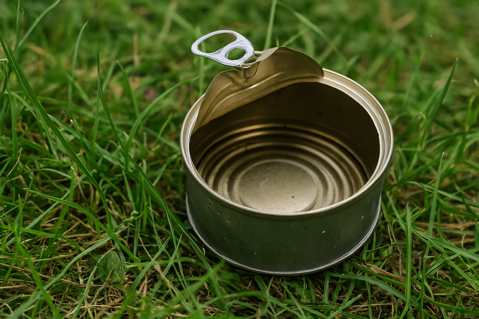 Empty tuna can resting on the lawn, ready to collect water from the sprinkler system