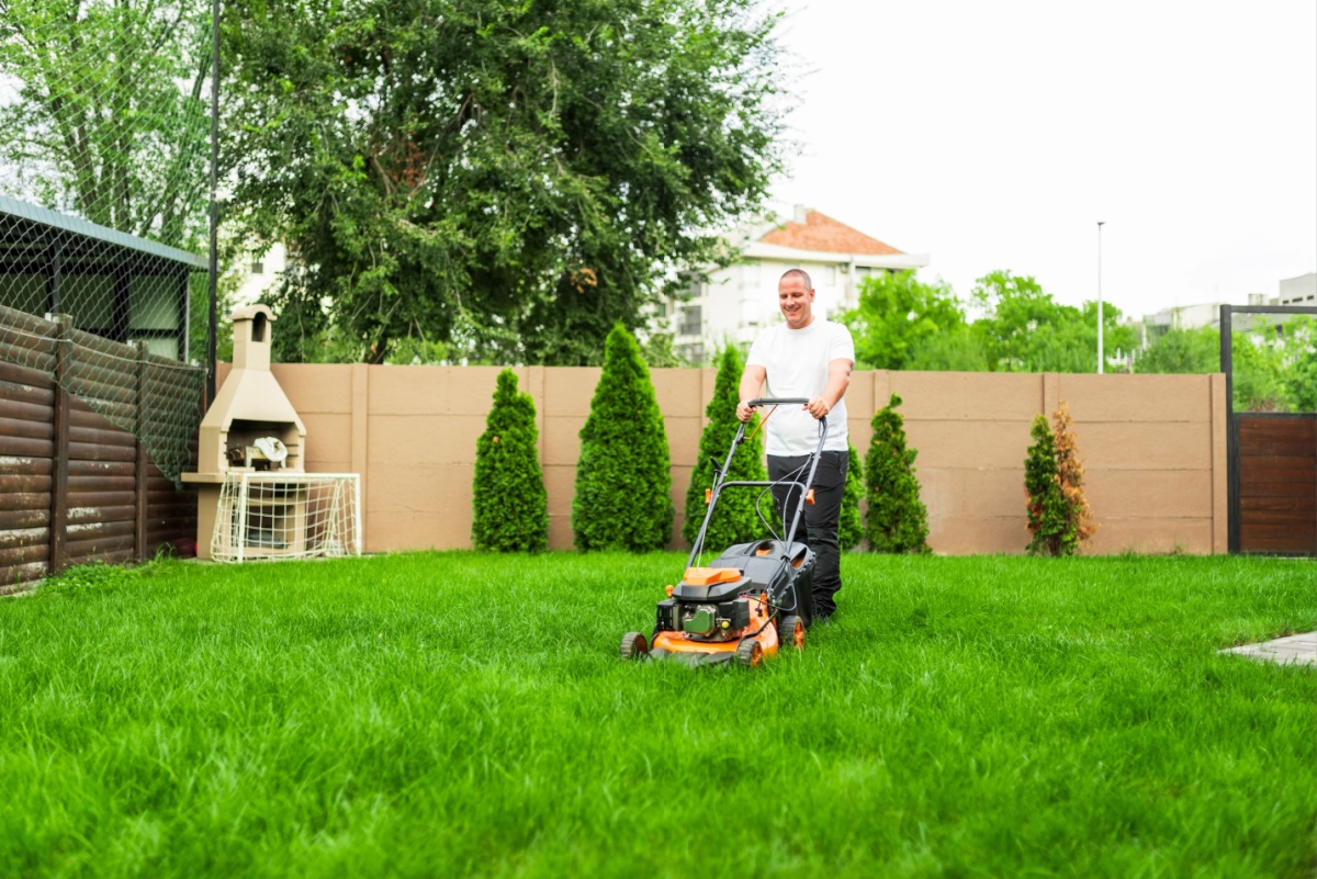 a man mowing his vibrantly green lawn with a red and black mower